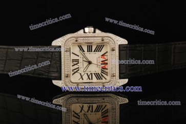 Cartier TriCAR399 Santos 100 Large Black Leather Steel Diamond Watch