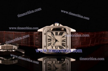 Cartier Santos 100 Medium TriCAR399 White Dial Brown Leather Strap Steel Watch