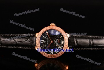 Cartier TriCAR89140 Ballon Bleu De Small Black Dial Diamonds Bezel Black Leather Rose Gold Watch