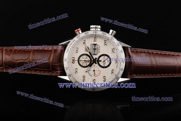 Tag Heuer TcrTCC264 Carrera Day Date Calibre 16 Chrono White Dial Brown Leather Strap Steel Watch 7750 Coating