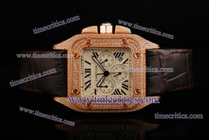 Cartier TriCAR380 Santos 100 Chrono Brown Leather Rose Gold Diamond Watch
