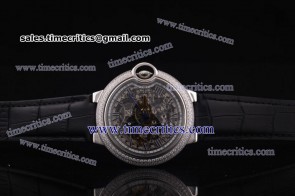 Cartier TriCBB053 Ballon Bleu Skeleton Black Leather Steel Diamond Watch 