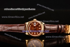 Rolex TriROX89168 Day-Date Brown Dial Diamonds Markers Brown Leather Yellow Gold Watch (BP)