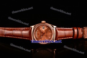 Rolex TriROX89178 Day-Date Rose Gold Dial Stick Markers Brown Leather Rose Gold Watch (BP)