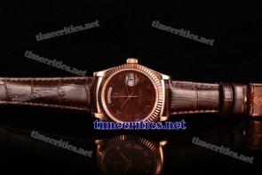 Rolex TriROX89179 Day-Date Brown Dial Roman Numeral Markers Brown Leather Rose Gold Watch (BP)