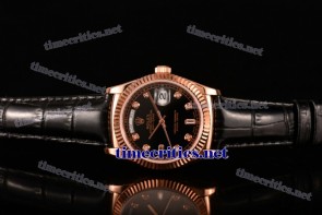 Rolex TriROX89181 Day-Date Black Dial Diamonds Markers Black Leather Rose Gold Watch (BP)