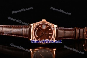 Rolex TriROX89184 Day-Date Brown Dial Diamonds Markers Brown Leather Rose Gold Watch (BP)