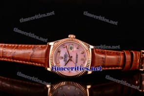 Rolex TriROX89186 Day-Date Pink MOP Dial Diamonds Markers Brown Leather Rose Gold Watch (BP)