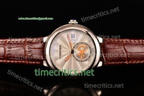 Cartier TriCAR89165 Rotonde De Silver Guilloche Dial Brown Leather Steel Watch