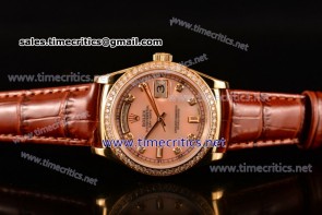 Rolex TriROX89257 Day-Date Pink MOP Dial Diamonds Bezel Brown Leather Yellow Gold Watch (BP)