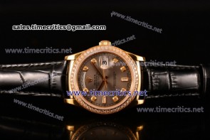 Rolex TriROX89259 Day-Date Grey Dial Diamonds Bezel Black Leather Yellow Gold Watch (BP)