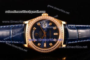 Rolex TriROX89260 Day-Date Blue Dial Diamonds Bezel Blue Leather Yellow Gold Watch (BP)