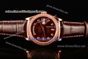 Rolex TriROX89261 Day-Date Brown Dial Diamonds Bezel Brown Leather Rose Gold Watch (BP)