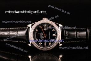 Rolex TriROX89263 Day-Date Black Dial Diamonds Bezel Black Leather Steel Watch (BP)