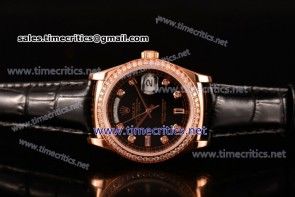 Rolex TriROX89264 Day-Date Black Dial Diamonds Bezel Black Leather Rose Gold Watch (BP)
