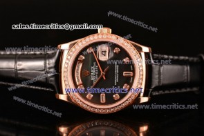Rolex TriROX89265 Day-Date Black MOP Dial Diamonds Bezel Black Leather Rose Gold Watch (BP)