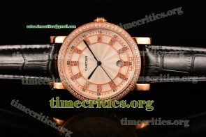 Cartier TriCAR89197 Rotonde De White Dial Diamonds Bezel Black Leather Rose Gold Watch