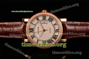 Cartier TriCAR89198 Rotonde De White Dial Diamonds Bezel Brown Leather Rose Gold Watch