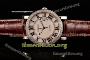 Cartier TriCAR89199 Rotonde De White Dial Diamonds Bezel Brown Leather Steel Watch