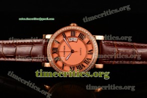 Cartier TriCAR89200 Rotonde De Rose Gold Dial Diamonds Bezel Brown Leather Rose Gold Watch