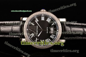 Cartier TriCAR89201 Rotonde De Black Dial Diamonds Bezel Black Leather Steel Watch
