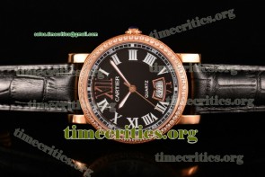 Cartier TriCAR89202 Rotonde De Black Dial Diamonds Bezel Black Leather Rose Gold Watch