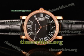 Cartier TriCAR89203 Rotonde De Black Dial Roman Numeral Markers Diamonds Bezel Rose Gold Watch