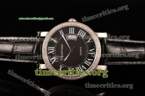 Cartier TriCAR89204 Rotonde De Black Dial Roman Numeral Markers Diamonds Bezel Steel Watch