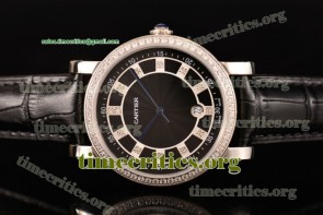 Cartier TriCAR89205 Rotonde De Black Dial Diamonds Bezel Black Leather Steel Watch