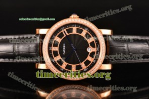 Cartier TriCAR89206 Rotonde De Black Dial Diamonds Bezel Black Leather Rose Gold Watch