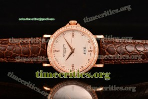 Patek Philippe TriUN99097 Calatrava White Dial Diamonds Bezel Brown Leather Rose Gold Watch