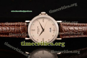 Patek Philippe TriUN99098 Calatrava White Dial Diamonds Bezel Brown Leather Steel Watch