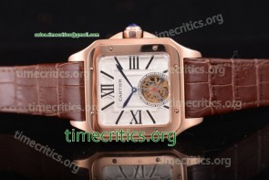 Cartier TriCAR89315 Santos Tourbillon White Dial Brown Leather Rose Gold Watch