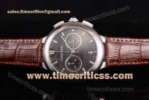 Cartier TriCAR89327 Rotonde De Chrono Carbon Fiber Dial Brown Leather Steel Watch