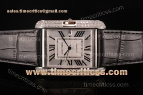 Cartier TriCAR89349 Tank Anglaise Silver Dial Diamonds Bezel Black Leather Steel Watch