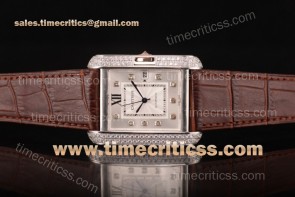 Cartier TriCAR89351 Tank Anglaise Silver Dial Diamonds Bezel Brown Leather Steel Watch