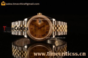 Rolex Datejust 36mm Swiss ETA 2836 Automatic Two Tone with Gold Dial and Roman Diamods Markers Diamonds Bezel