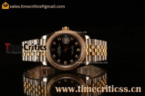 Rolex Datejust 36mm Swiss ETA 2836 Automatic Two Tone with Black Dial and Diamods Markers Diamonds Bezel